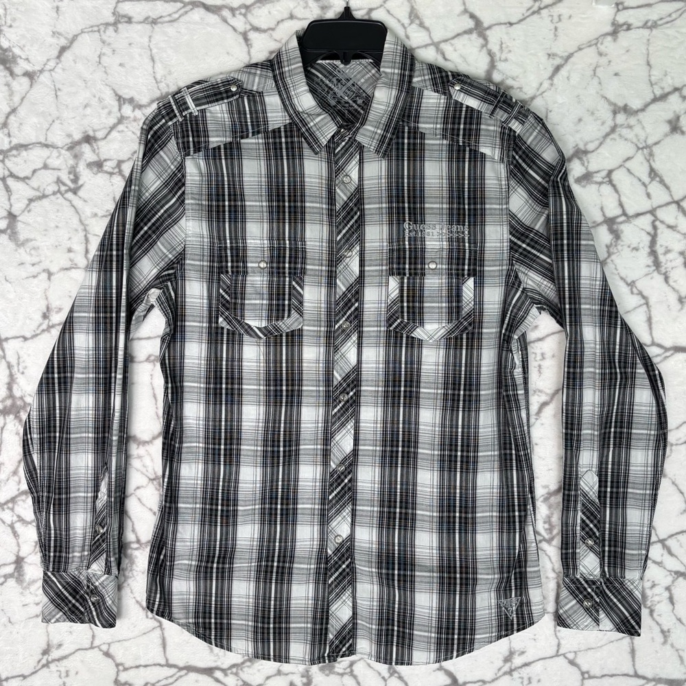 GUESS JEANS Pearl Snap Shirt Western Men’s L Black Gray White Plaid Embroidered